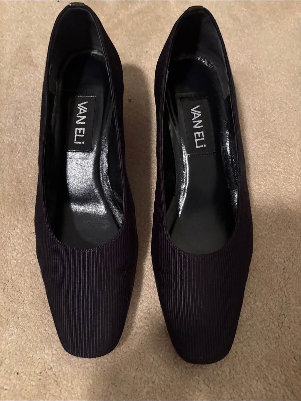 Vaneli Women's Ribbed Square-Toe Pump in Black. Patent  leather heel.